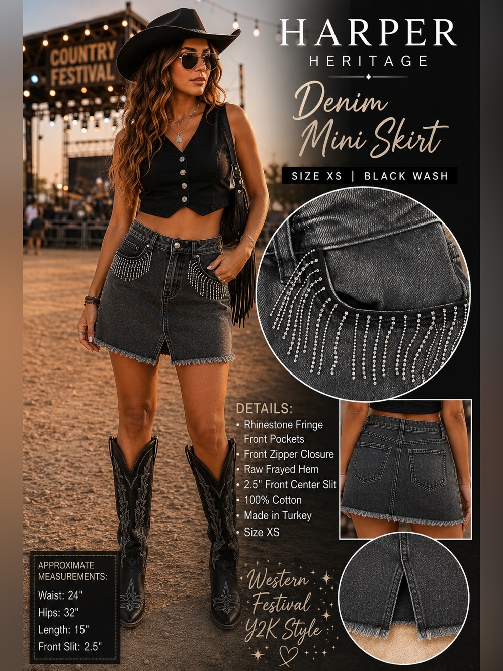 Harper Heritage Black Wash Denim Mini Skirt with Rhinestone Fringe XS